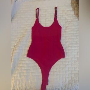 Guess Hot Pink Ribbed One-Piece Bodysuit with Embellished Straps